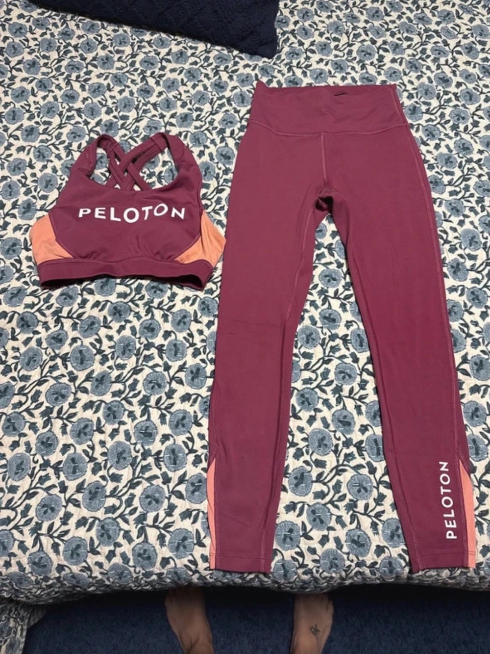 Peloton Burgundy Leggings with Peach Side Panels